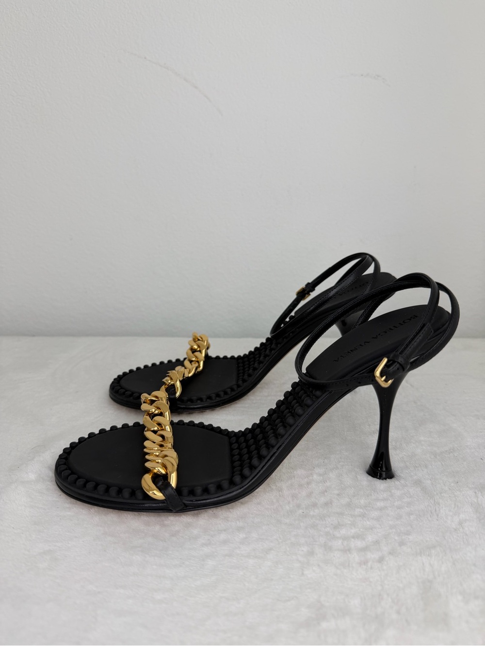 Bottega Veneta Black Ankle-Strap Sandals with Gold Chain - Picture 2 of 9